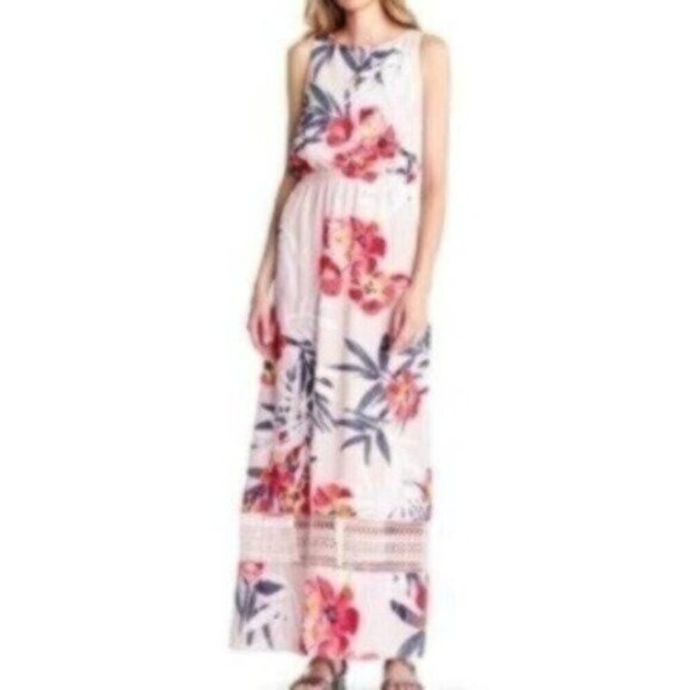 NWT ADRIANNA PAPELL Tropical Breeze Print Maxi Dress In Light Pink Multi - Picture 2 of 7